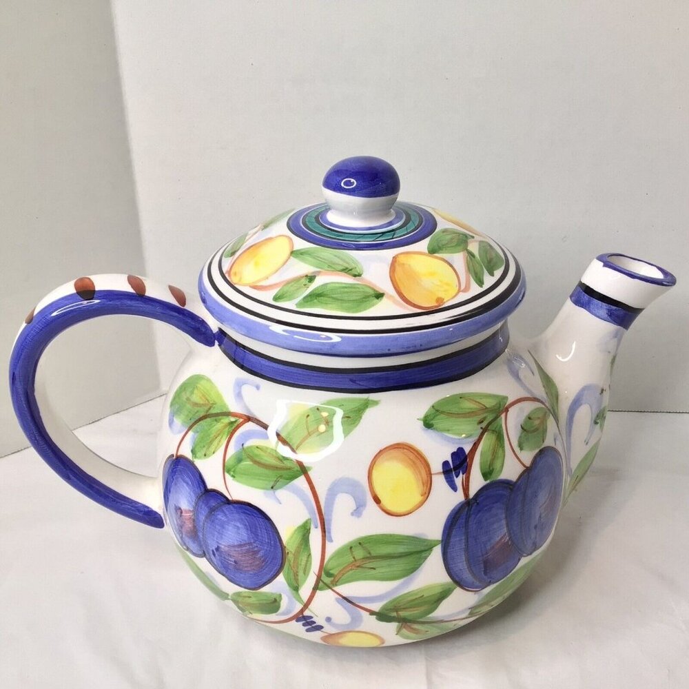 Plums Harvest LemonsTeapot Ceramic Vibrant Colors Hand painted 2000 Italy Vtg 6"